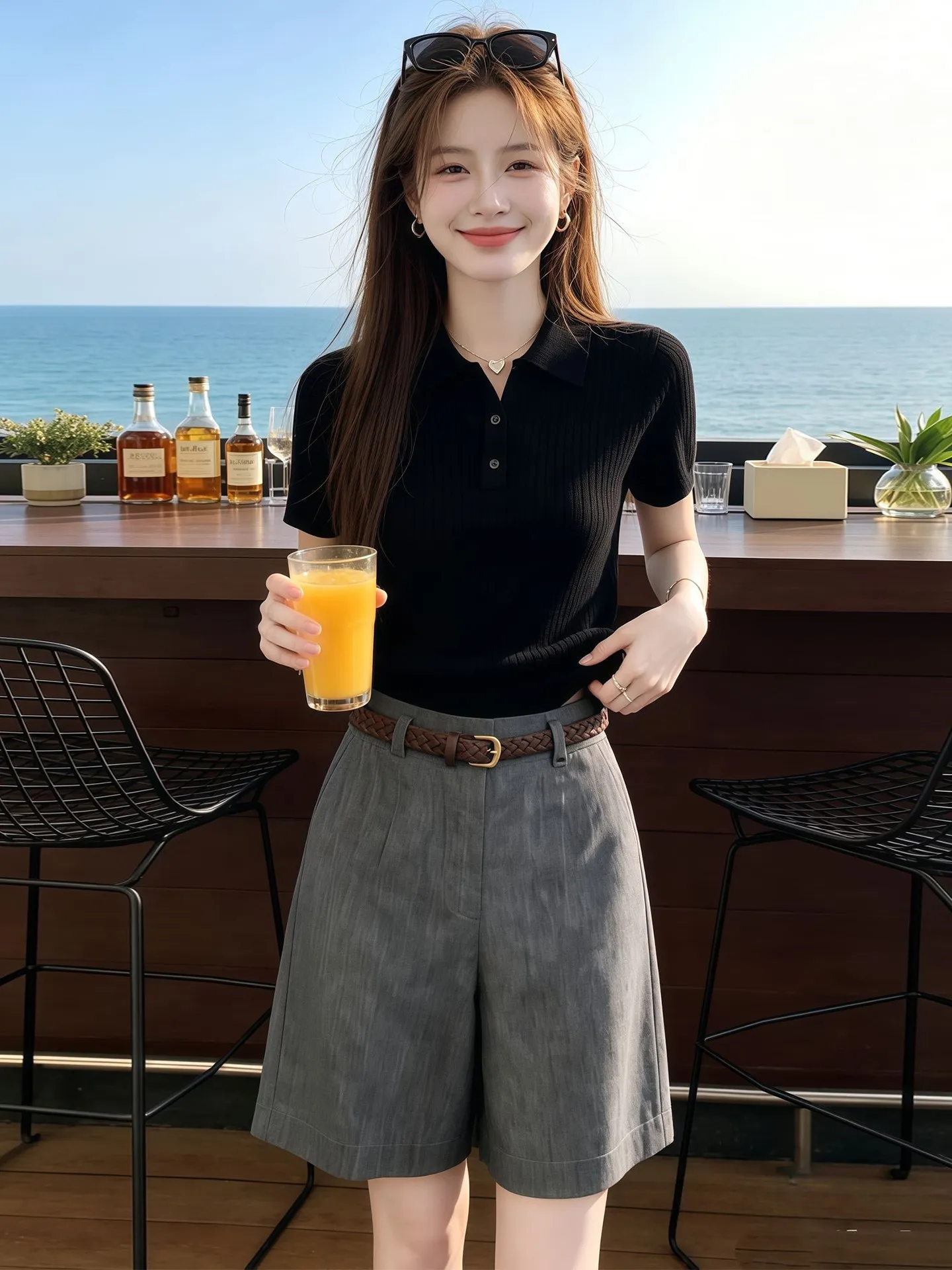 Black  Collar Knitted Button Short Sleeve T-Shirt Women's New 2026 Summer Lightweight Mature Beautiful Personality  Top