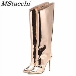 Women's High Boots Gold Silver Pointed Toe Knee-high Boots For Woman Sexy High Heels Party Shoes Ladies Stiletto Botas Femininas