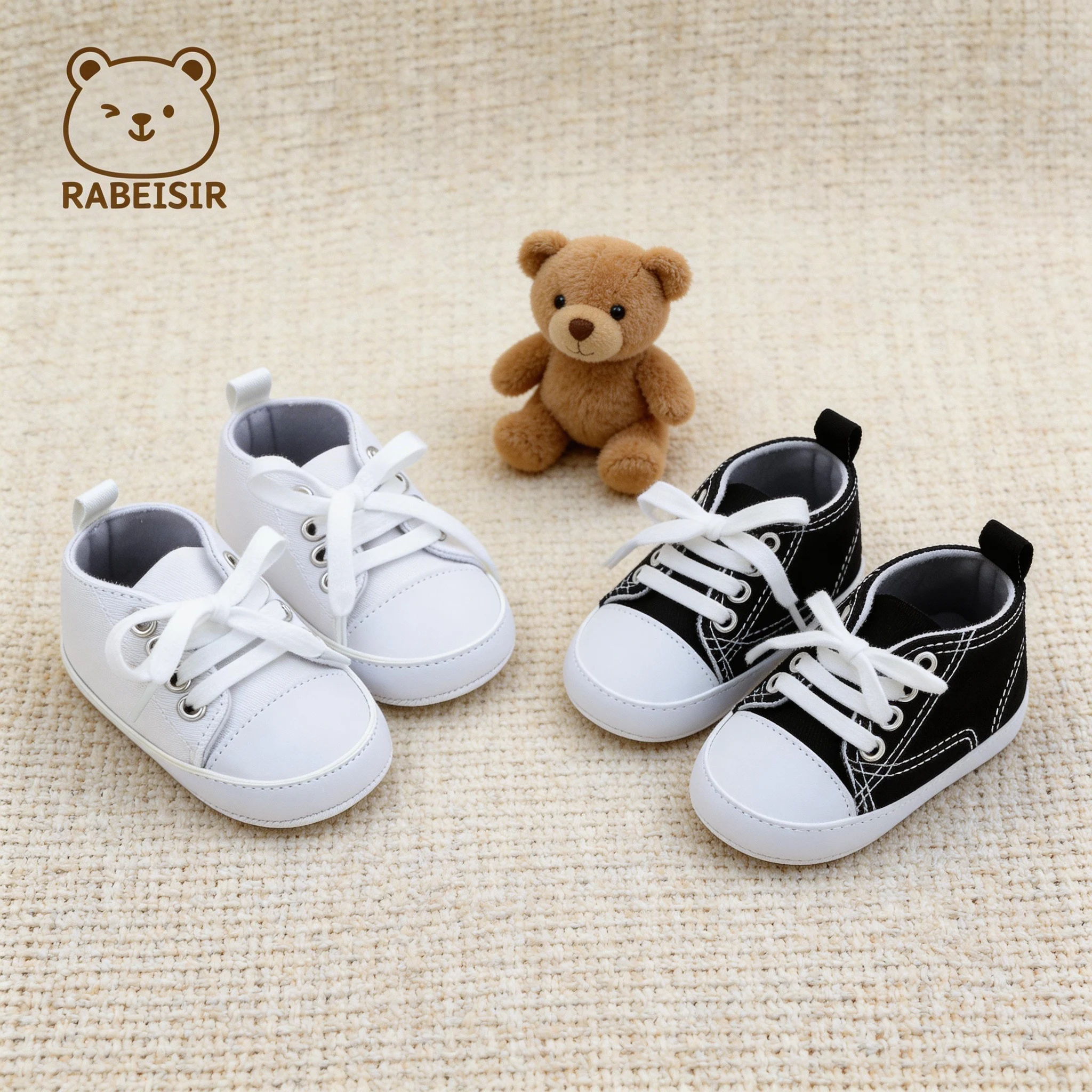 Zapatos para bebé, niño y niña, de caña alta, con cordones, en color negro y blanco, modelo clásico, para los primeros pasos, para usar en la cuna o como zapatos para aprender a caminar, de 0 a 18 meses.