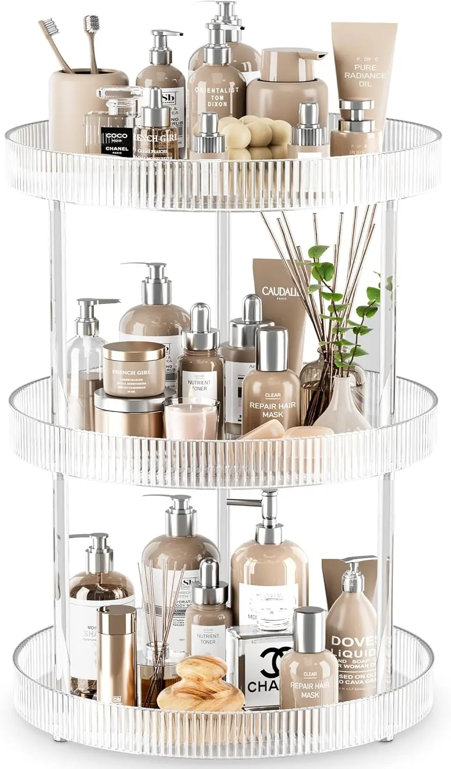 

3 Tier Rotating Organizer for Bathroom and Kitchen, Clear Lazy Susan Tray with 360° Spin, Large Storage Shelf
