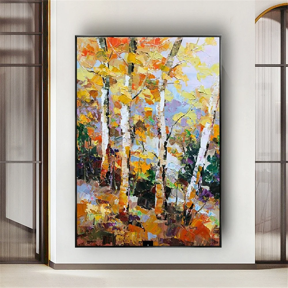 

Latest Landscape Knife Thick Modern Oil Painting Hand-Painted Wall Art Birch Tree Canvas Picture For Living Room Decor Image