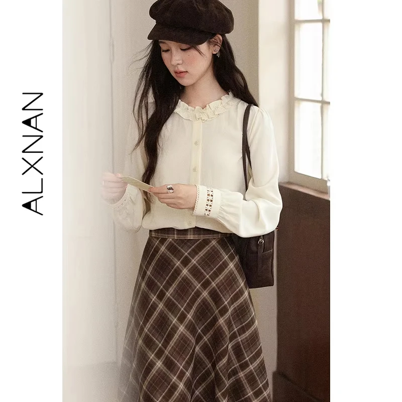 ALXNAN Women's Apricot Shirts Ruffle Trim Round Neck Hollow Out Sleeve Cuffs Blouse New Versatile Fashion Ladies Tops L569166-1