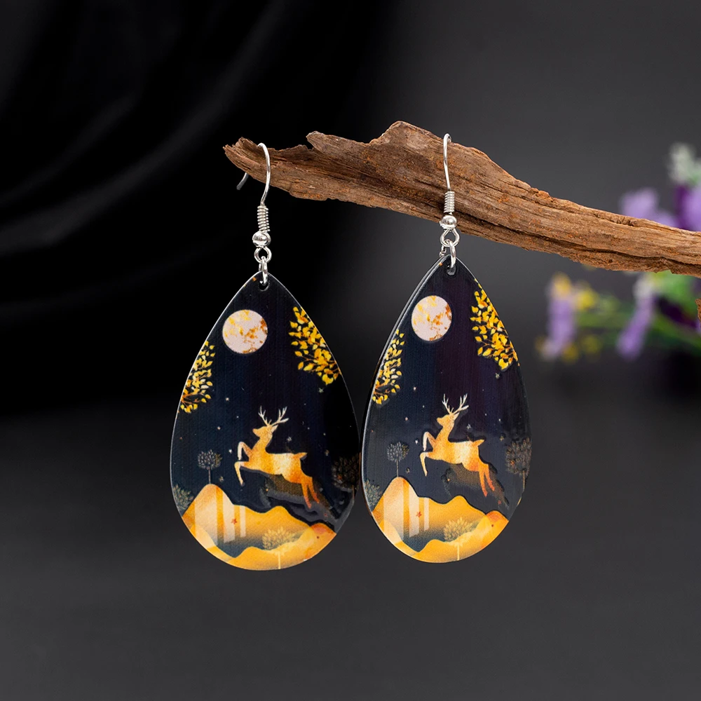 Water Drop Acrylic Earrings For Women Vintage Trend 2026 Auspicious Style Gold Color Deer Pattern Daily Wear Lightweight Jewelry