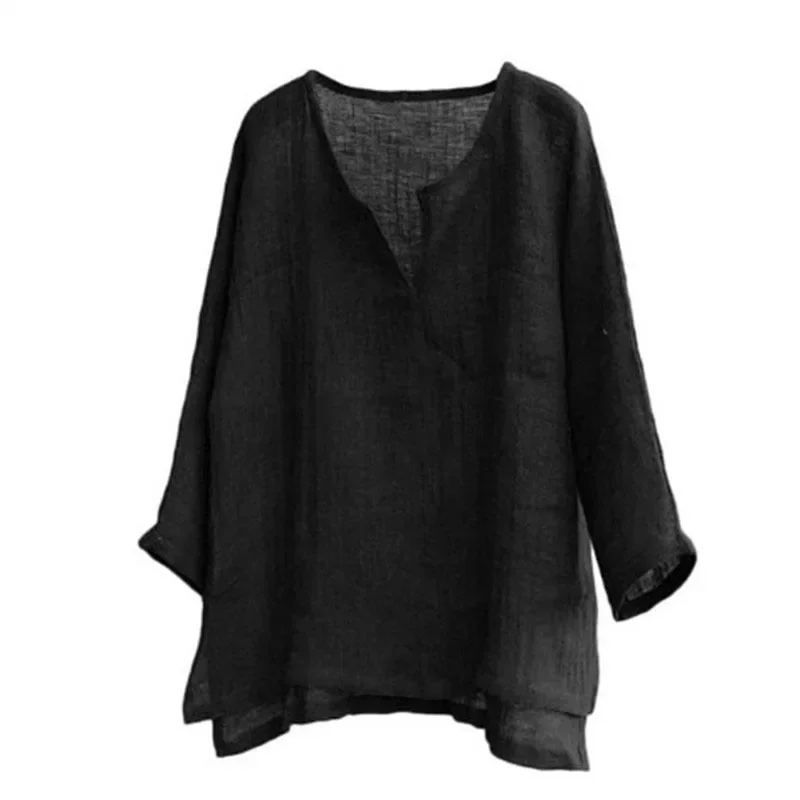 2025 New Men's Linen Long Sleeve Loose Shirt Solid Color Casual Long Sleeve Cotton Linen Shirt Vn-eck Tops Size S-5XL