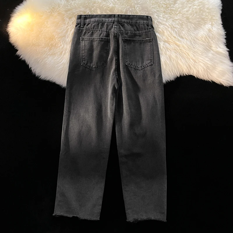Men's Black Ripped Jeans Spring/summer Loose Straight Leg Denim Pants Korean Casual Fashion Solid Color Male Trousers