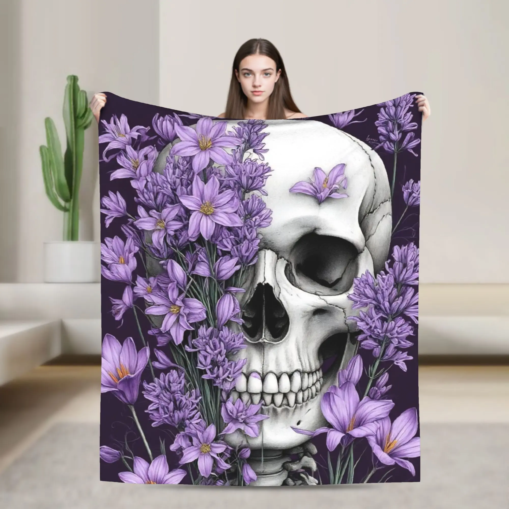 Super Soft Halloween Skulls And Flowers Gothic Goth Throw Blanket Premium Fleece Flannel Lightweight Bed Blanket Plush Blankets