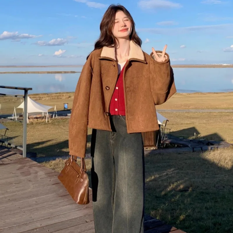 

Lemongor двусторонние коричневые замшевые куртки из шерпа для женщин двусторонние свободные теплые осенне-зимние повседневные пальто 2026