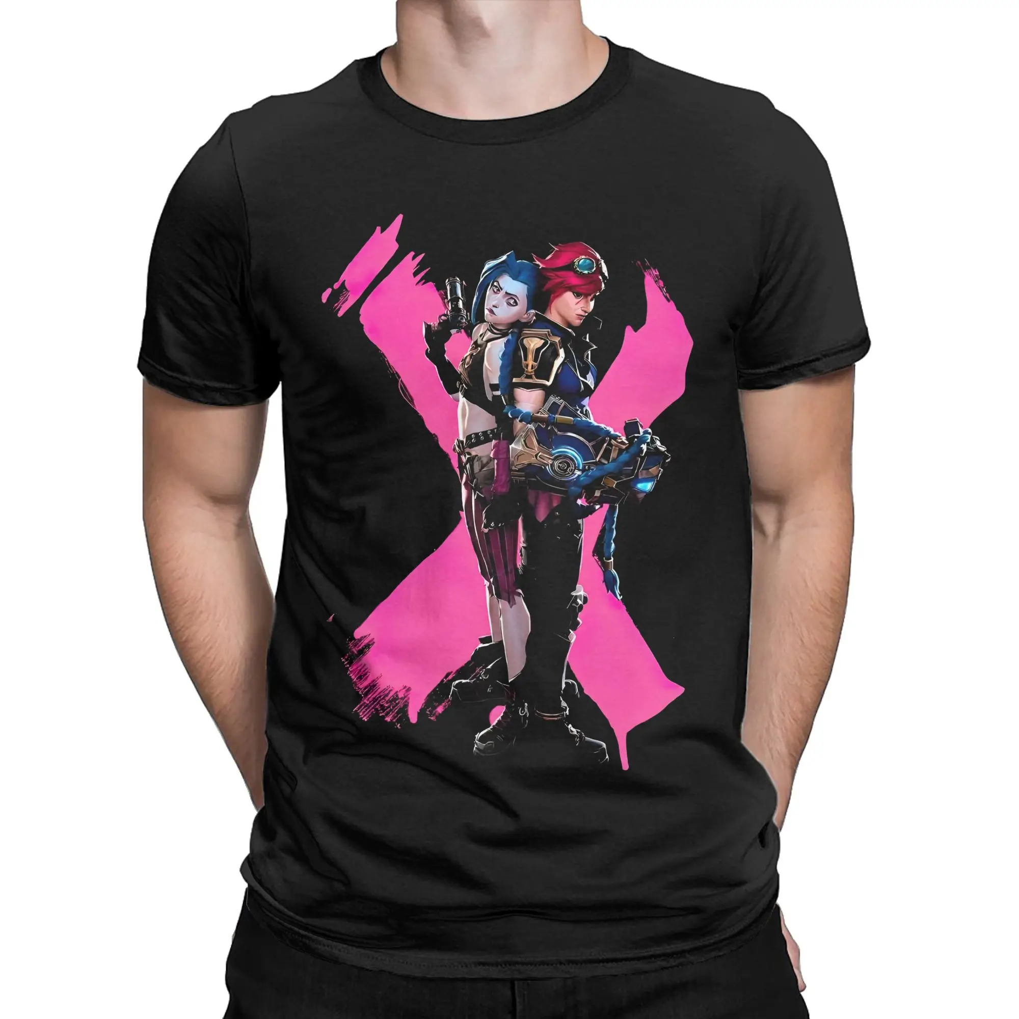 Arcane Season 2 Jinx Vi Sisters T-Shirt Men Anime Game Awesome 100% Cotton Tee Round Collar Short Sleeve T Shirts Plus Size Tops