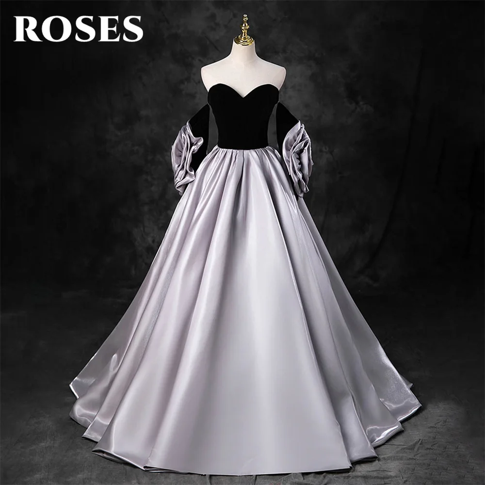 

ROSES Silver 3D Flowers Evening Dress Sweetheart A Line Charming Prom Dress Stain Off The Shoulder Party Dress vestidos de noche