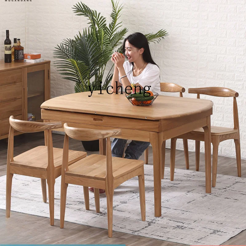 

ZC Solid Wood Retractable round Table Home Dining Tables and Chairs Set Cherrywood Folding Dining Table and Chair