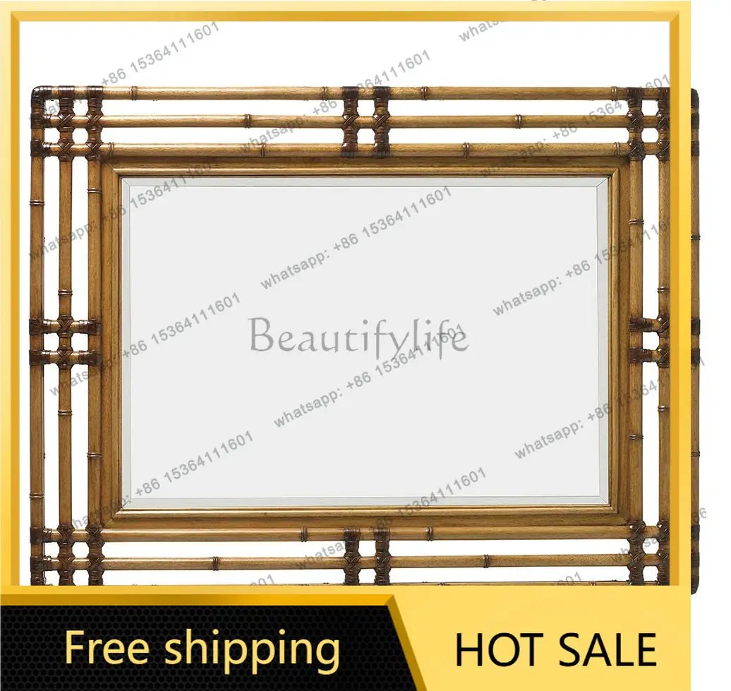 LS Art Mirror Home Retro Living Room Entrance Bamboo Frame Decorative Washtable Dressing Mirror