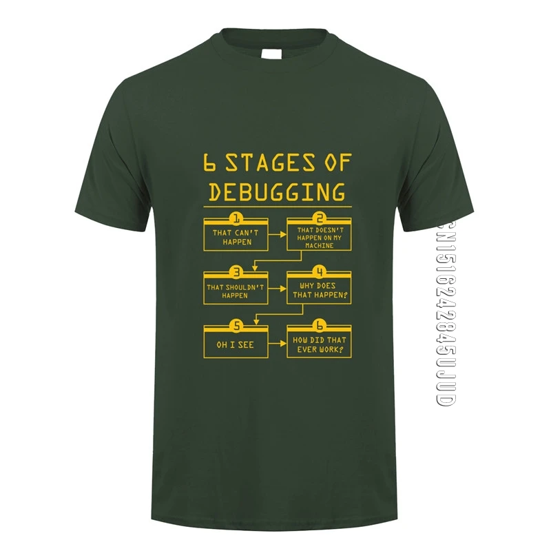 6 Stages of Debugging T Shirts Men Cotton O-neck Short Sleeve Tops Tee Bug Coding Computer Programmer Man T-shirt