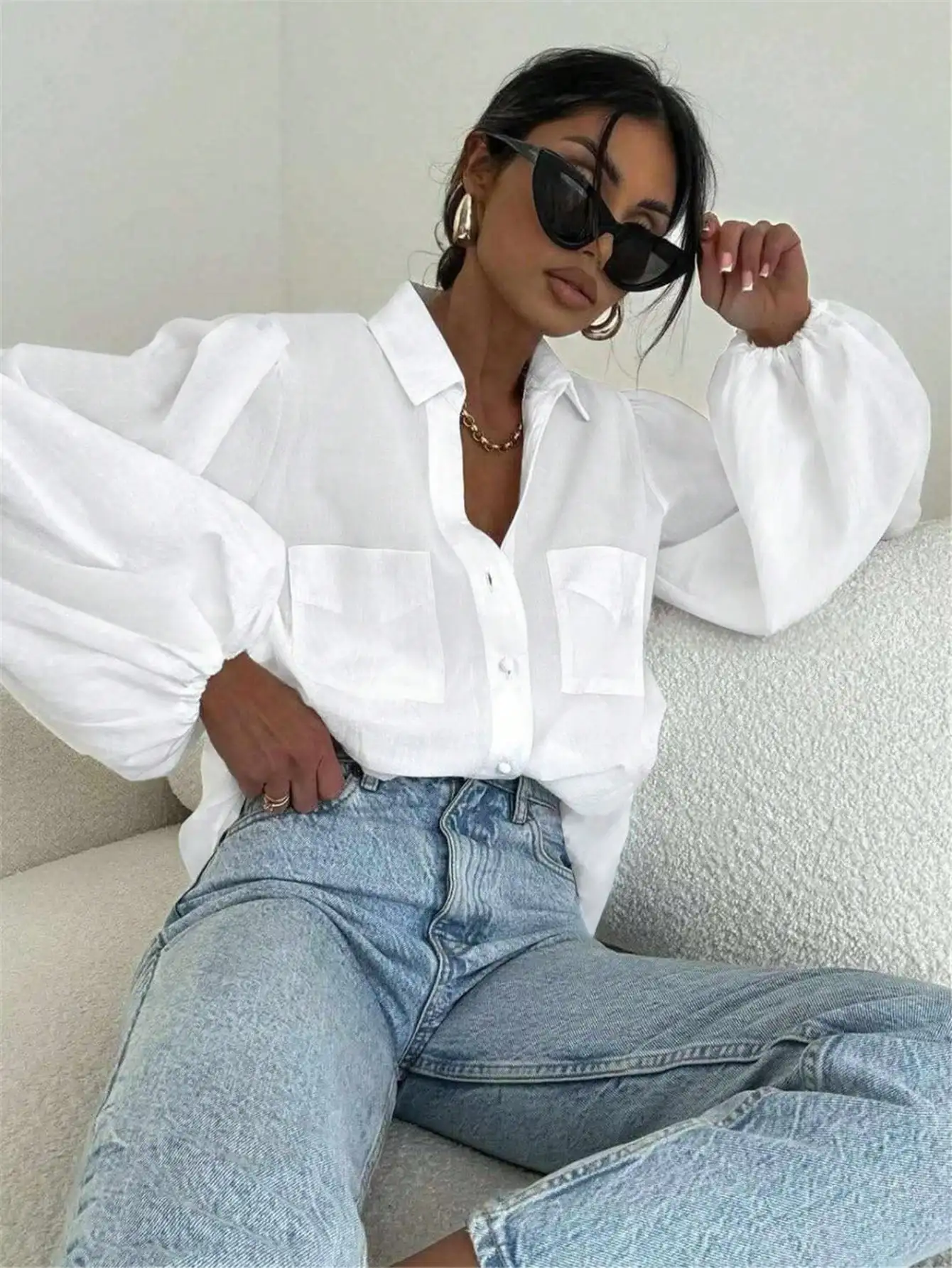 

Women's Long Sleeve Sheer Blouse With Puff Sleeves Vintage Casual Shirt White