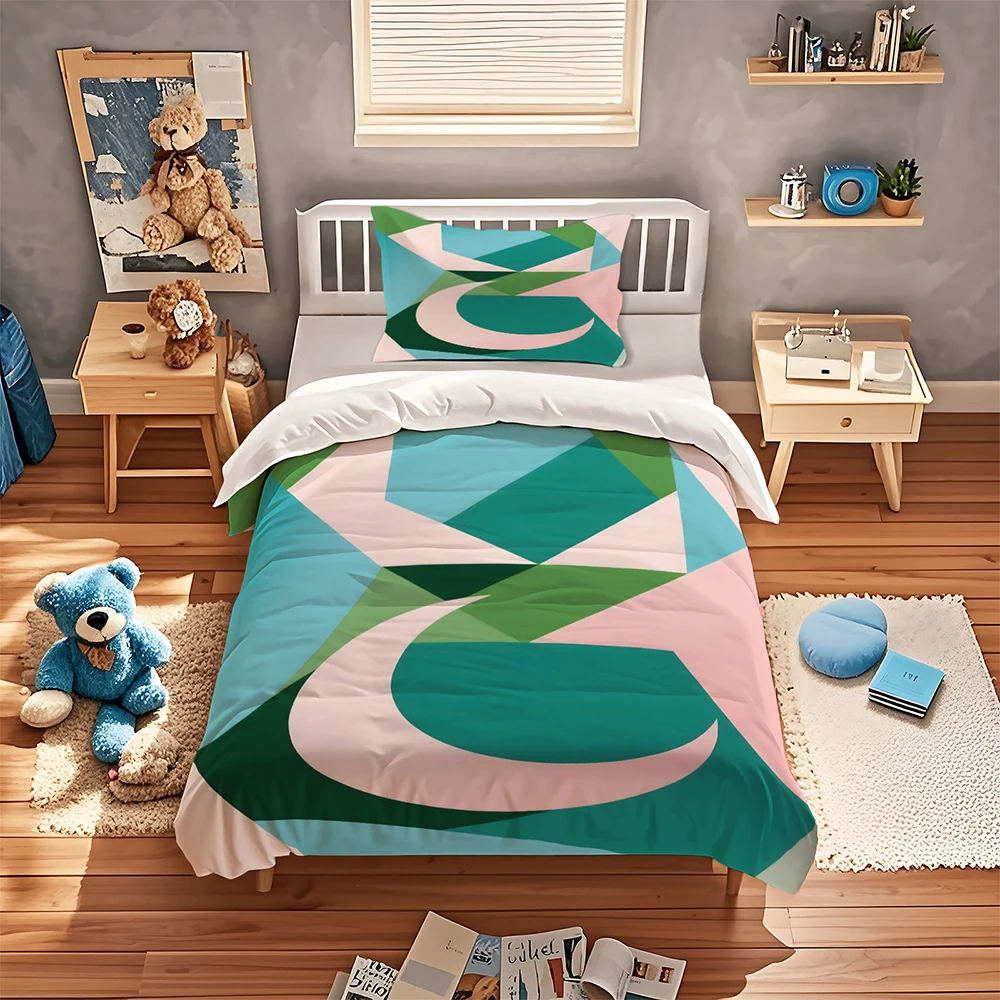 Modern Abstract Geometric Duvet Cover Set Pink Teal Green Curve Triangle Minimalist Bedding Set Twin / Full / Queen / King Size