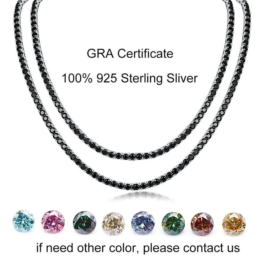 3mm 4mm 5mm 6.5mm Black D Color VVS1 Moissanite Tennis Necklace, Solid S925 Sterling Silver Hip Hop Neck Chain, GRA Certified & Passes Diamond Tester, Unisex Fine Jewelry for Men Women Daily Street Wear