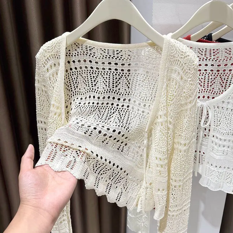 Elegant White Breathable Hollow out Knitted Cardigan Women's Summer Shoulder Shawl Sun Protection Strap Vest Outerwear