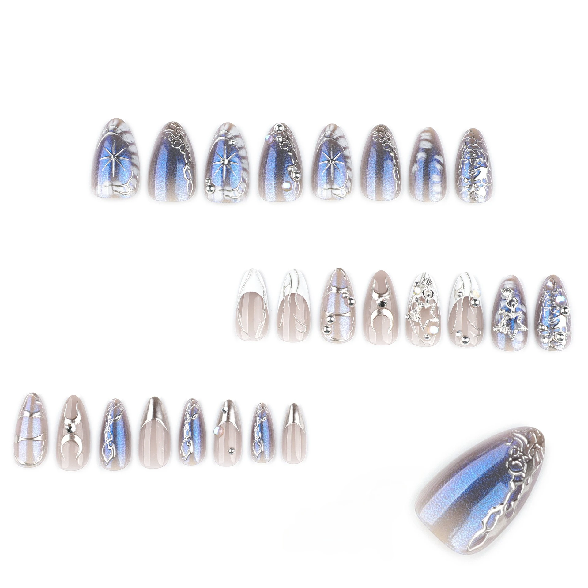 Faux ongles à pression en amande Y2k, 24 pièces, motifs métalliques argentés, étoile 3D, français, doux et frais, pour Spice Girls, pointes portables