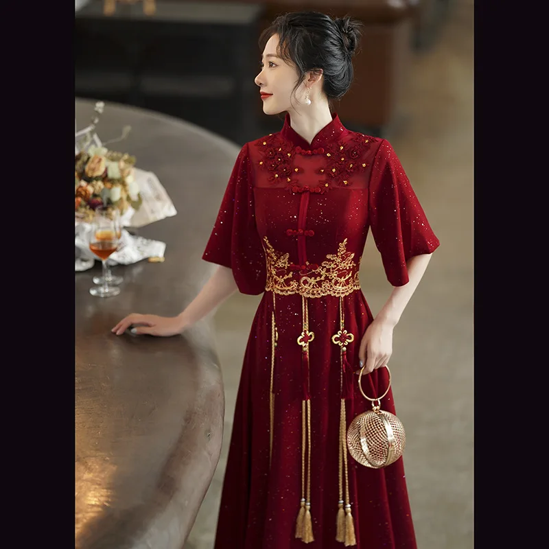 

Exquisite Tassel Beaded Lady Dress Vintage Button Mandarin Collar Vestidos Embroidery Floral A-Line Butterfly Sleeve Dresses