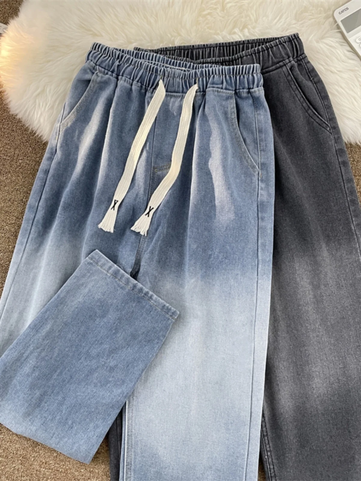 

Модные винтажные джинсы прямого кроя для мужчин с эластичным поясом, повседневные брюки свободного кроя на весну-осень, джинсы с завязками