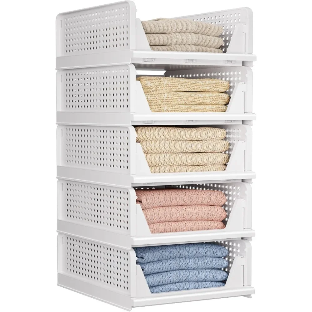 5 Pack Folding Closet Organizers Storage Box, Stackable Storage Bins, Plastic Drawer Basket Closet Storage for Wardrobe Cupboard