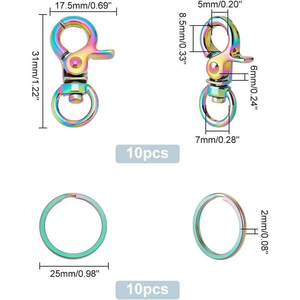 10pcs Rainbow Trigger Snaps Alloy Swivel Clasps with 10pcs 304 Stainless Steel Split Key Rings Push Gate Clasps Lanyard Snap