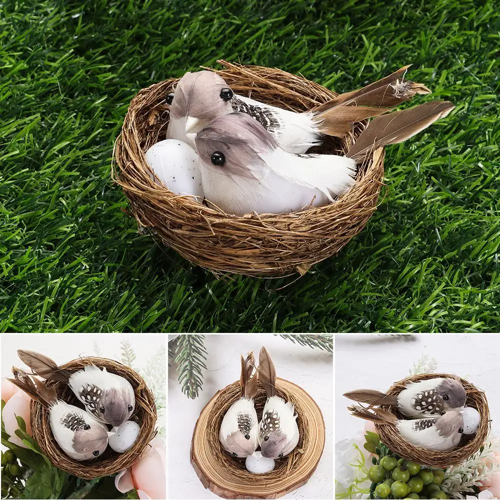 Lawn Decor Garden Craft Home House Decoration Handmade Nature Bird Nest Realistic Feathered Artificial Craft Birds Birds Egg