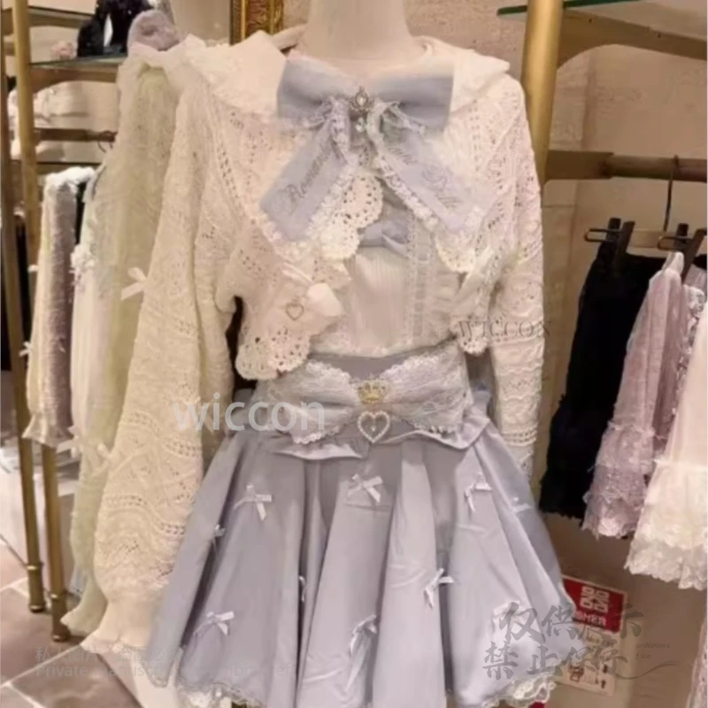 

Japanese Jirai Kei Style Sweet Lace Bow Long Sleeve Shirt Sailor Collar Short Kintted Cardigan High Waist A-line Skirt Women
