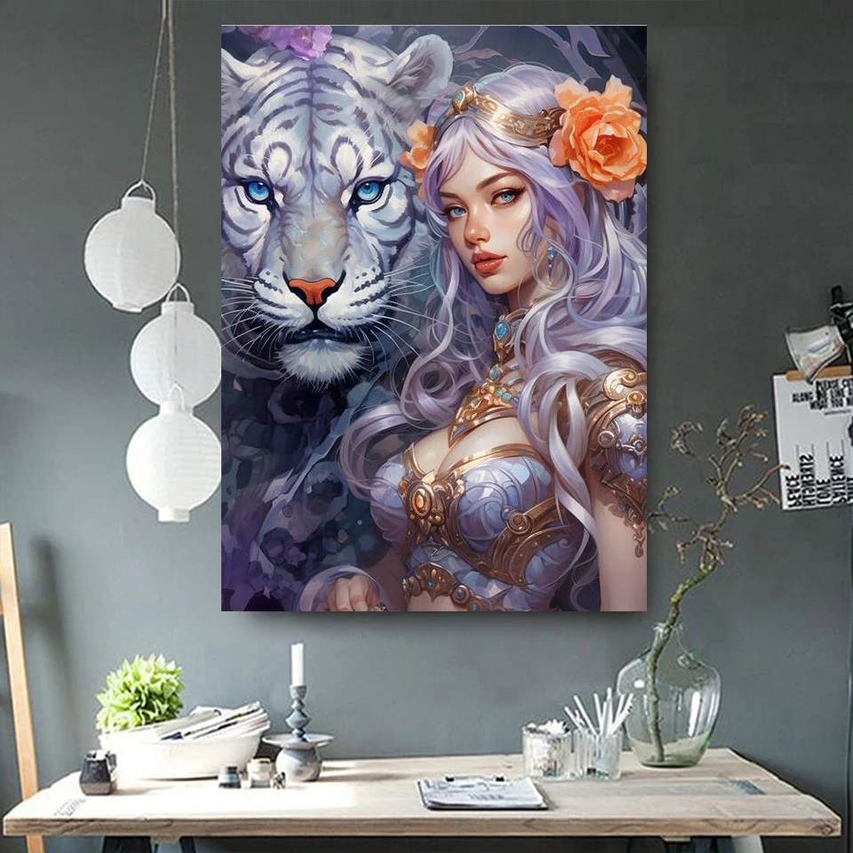 Tiger And Woman Cross Stitch Diamond Painting Sale 5d Full Square Round Diy Diamond Mosaic Beasts and Portraits Picture Of Art