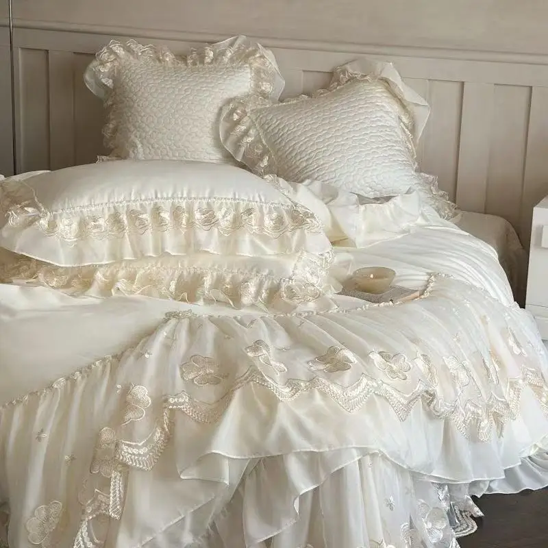 Luxury France Style Lace Cotton Quilt Cover Four Seasons Comfortable Bed Sheet Skirt Set Bedding Supplies