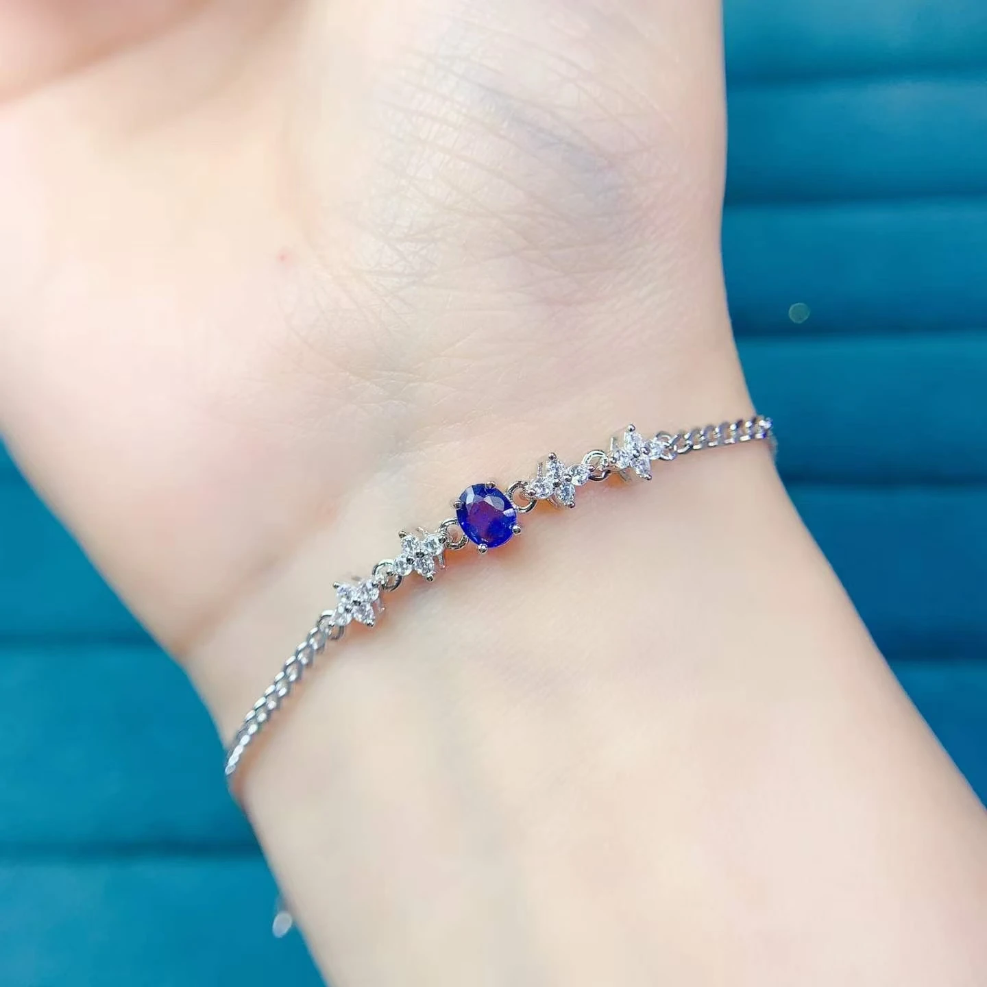 925 Silver Natural Sapphire Bracelet with Certificate 4mm*5mm Genuine Blue Sapphire Silver Bracelet with 18K Gold Plating