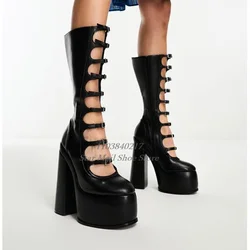 Czarna skóra lakierowana Gruba podeszwa Długie buty Okrągłe palce Boczny zamek błyskawiczny Gruby obcas Wysokie obcasy Hollow Gothic Buckle Hot Girl Boot