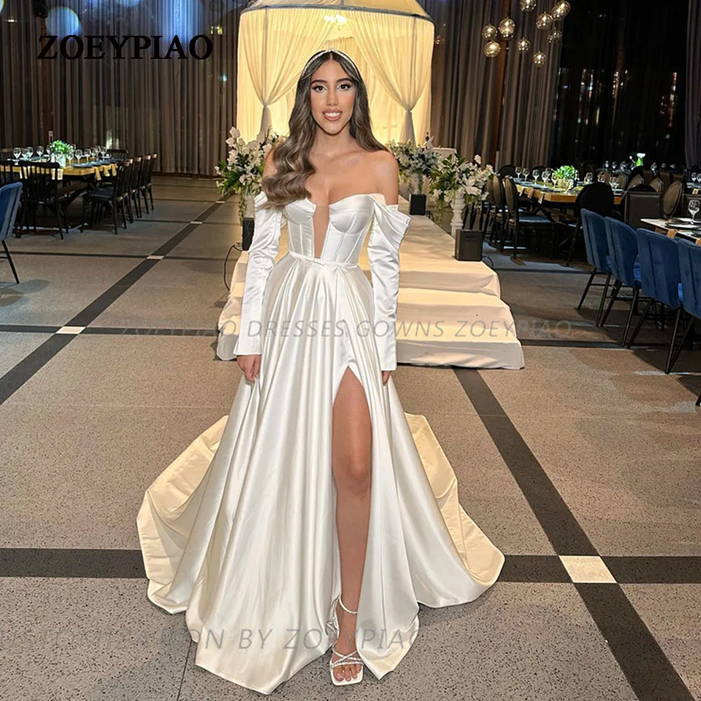 

Simple A Line Satin Wedding Dresses Women Off The Shoulder Side Slit Bridal Dress Boho Beach Robe De Mariee Customize Measures