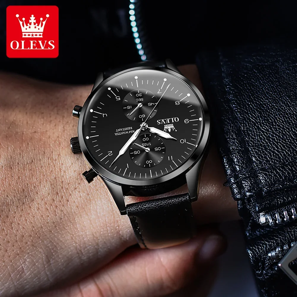 OLEVS 2880 Waterproof Quartz Watch for Men Genuine Leather Strap Business Super-thin Complication Men Wristwatch Luminous