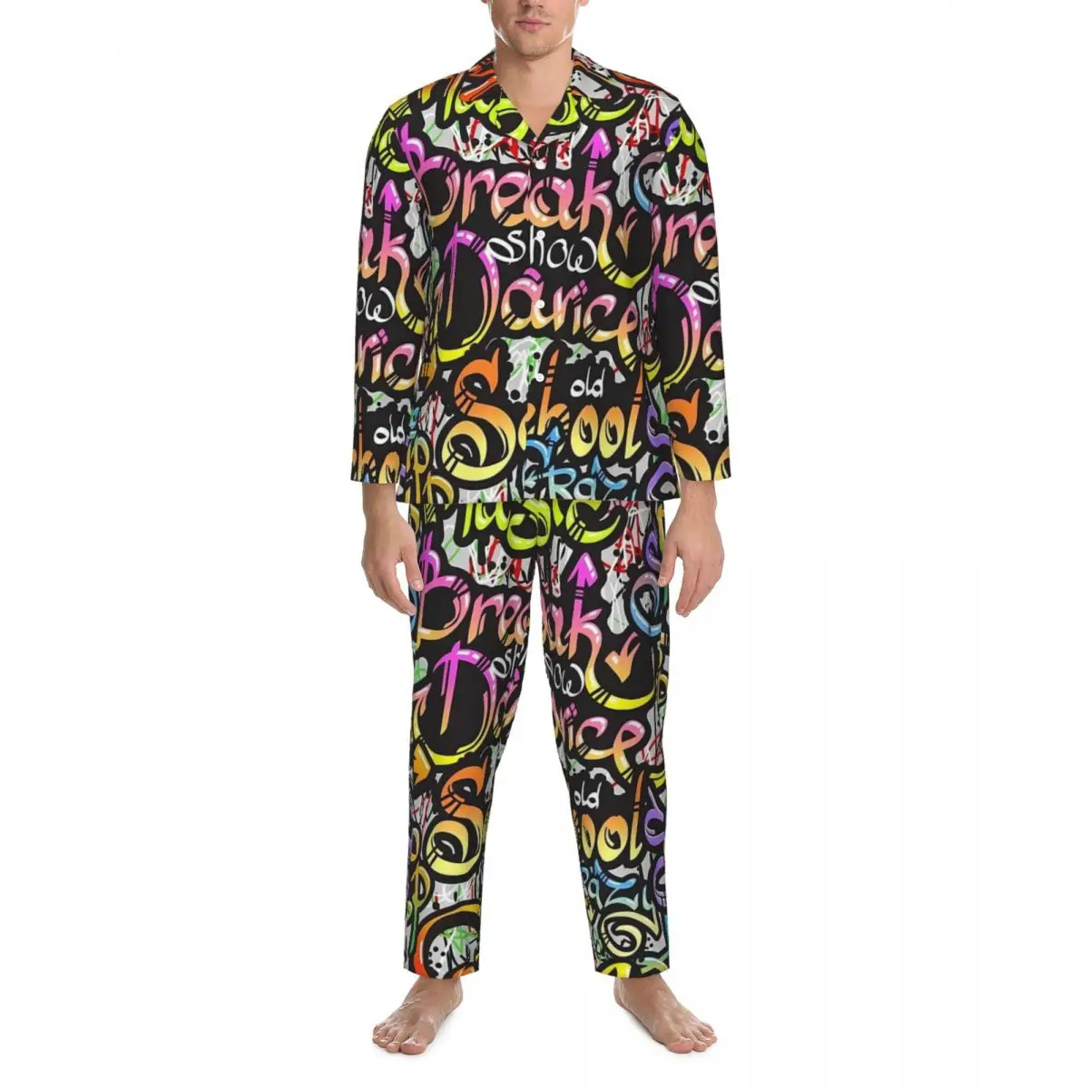 Pajamas Man Colorful Graffiti Style Design Daily Sleepwear 2 Piece Casual Pajama Set Long Sleeves Trendy Oversize Home Suit