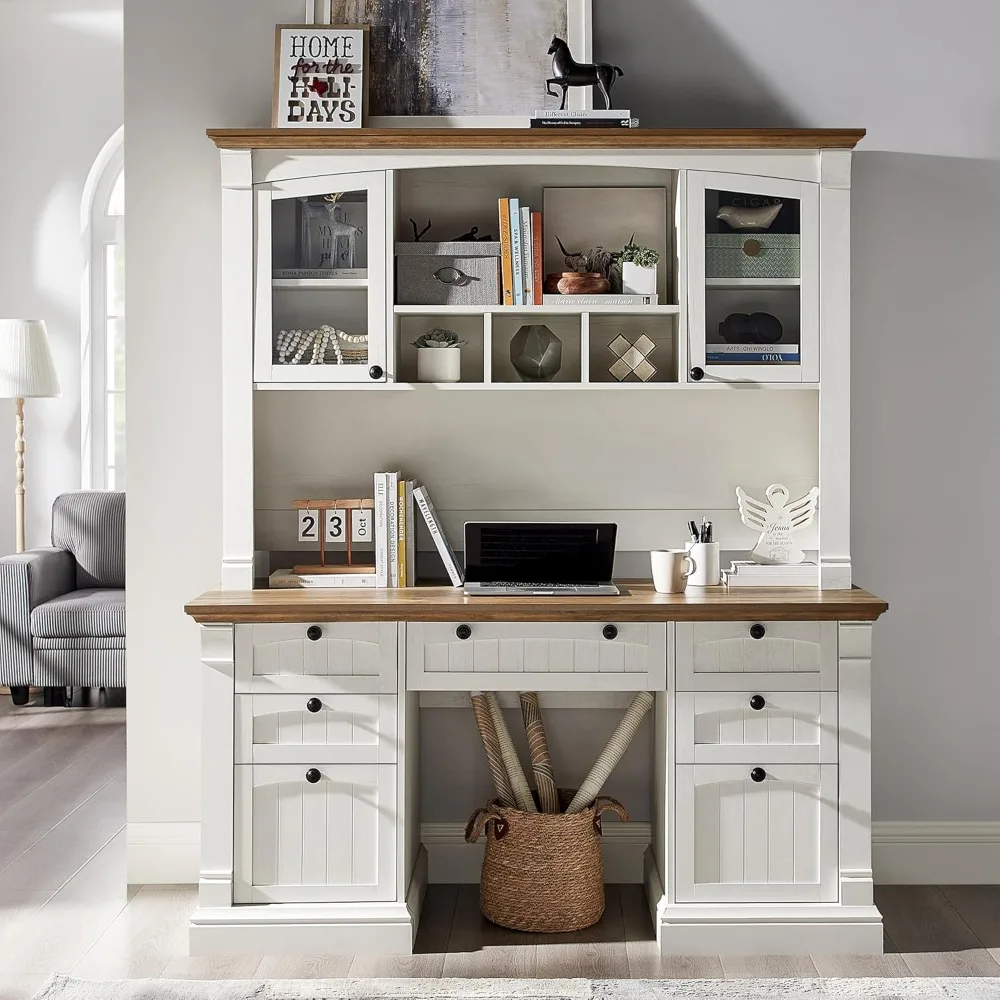 مكتب تنفيذي على طراز المزرعة 60 مزود بخزانة، ومحطة شحن، وصينية لوحة المفاتيح، وتخزين الملفات #3