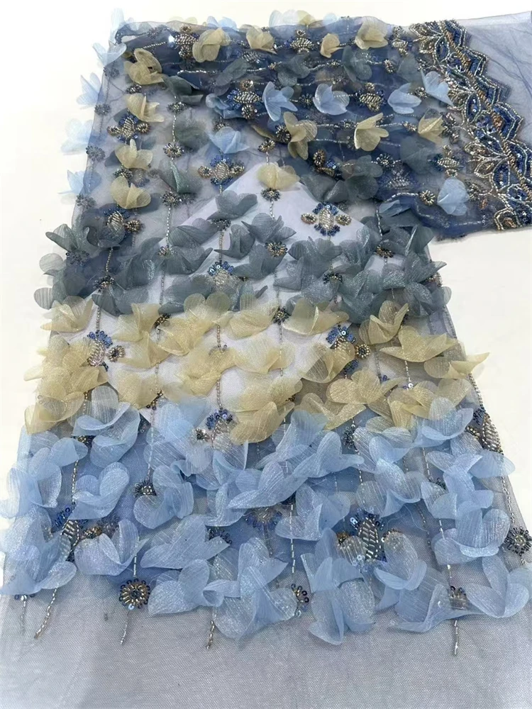 

French 3D Applique Mesh Lace Fabric 2025 Latest African Tulle Lace Fabric beads Luxury Fabric Material Sewing Shit