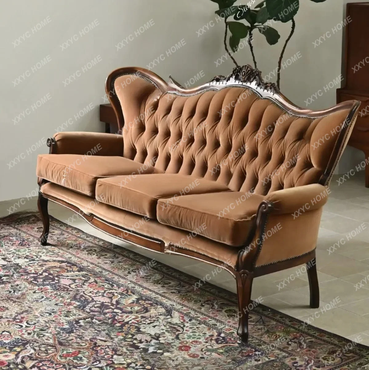 XX medieval solid wood carving fabric pull button studio sofa club high back