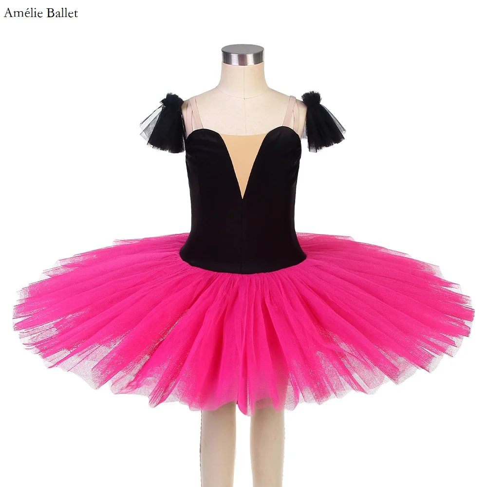 

BLL094 Black Velvet Top Bodice Hot Pink Tulle Pre-professional Ballet Dance Costumes Pancake Tutu Classical Ballet Tutu