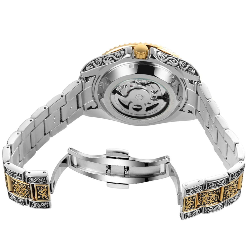 Forsining Luxury Gold Skeleton Mechanical Watches Moon Phase Retro Engraved Luminous Tourbillon Automatic Mens Watch Steel Strap
