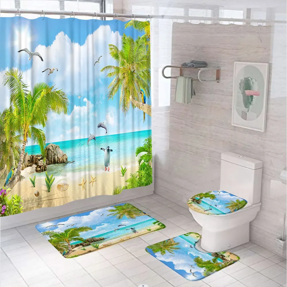 4Pcs Ocean Scenery Shower Curtain Set Sea Beach Palm Tree Wooden Window Starfish Boat Bathroom Curtain Bath Mat Rug Toilet Cover