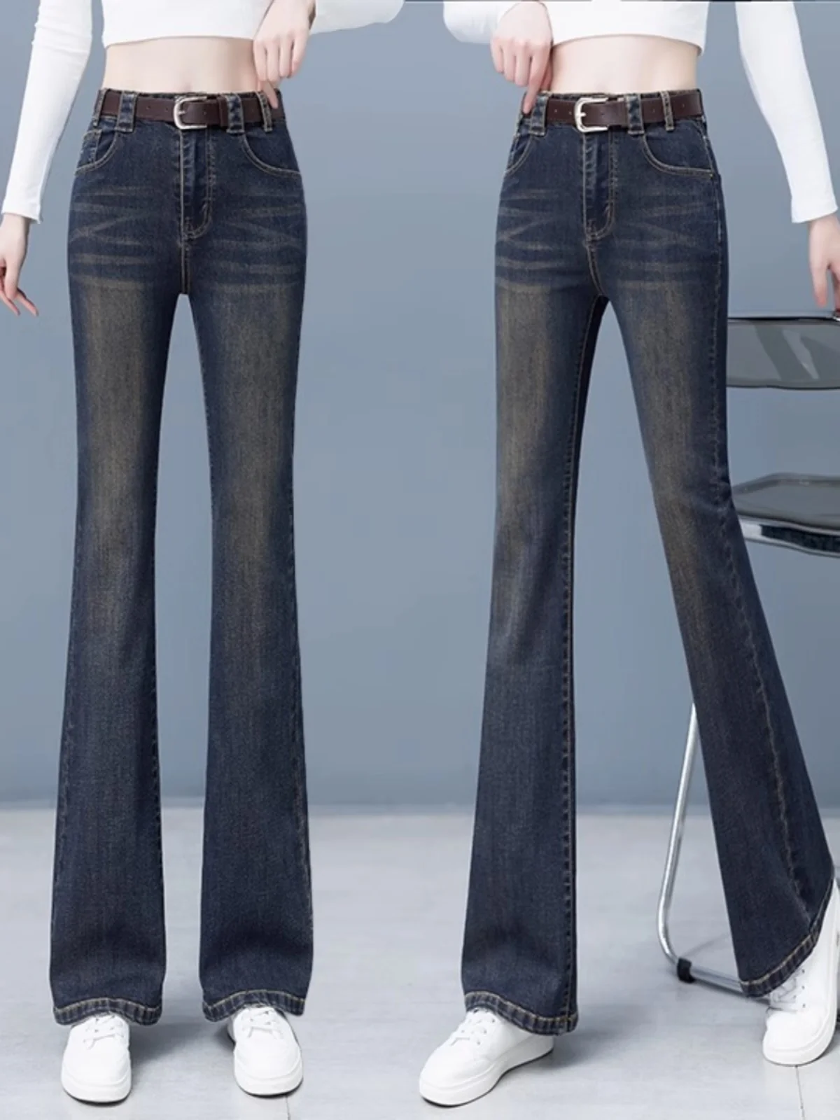 

High Waist Slim Fit Flared Jeans Women's Autumn 2023 Vintage Style Bootcut Denim Pants Long Leggings Deep Color