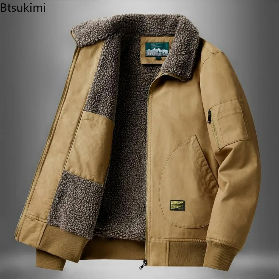 Men's Autumn Winter Lamb's Wool Jacket Solid Color Fleece Workwear Plus Size Outdoor Travel Lapel Coat Men Warm Cotton Clothing