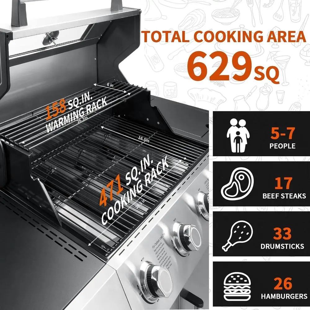 60,000 BTU 4-Burner Propane Gas BBQ Grill with Side Burner and 629 Sq. In. Stainless Steel Grilling Area