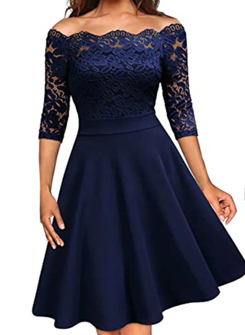 Women's Lace Dress Party Dress Wedding Guest Dress Lace Patchwork Off Shoulder Half Sleeve Dress Wedding Winter Dress