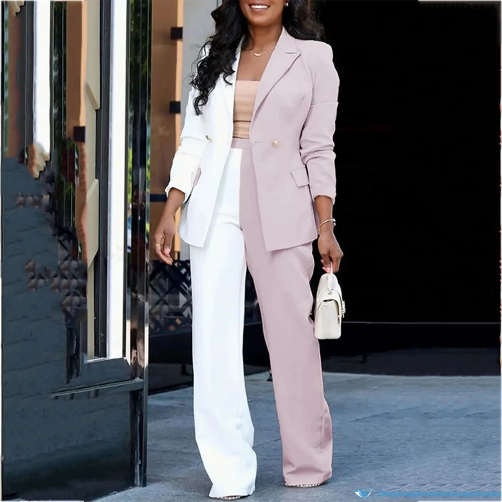 Latest Design Women's Suit Contrast Color Peak Lapel Double Breasted Fashion Elegant Outfit Office Work Daily Set Two Piece