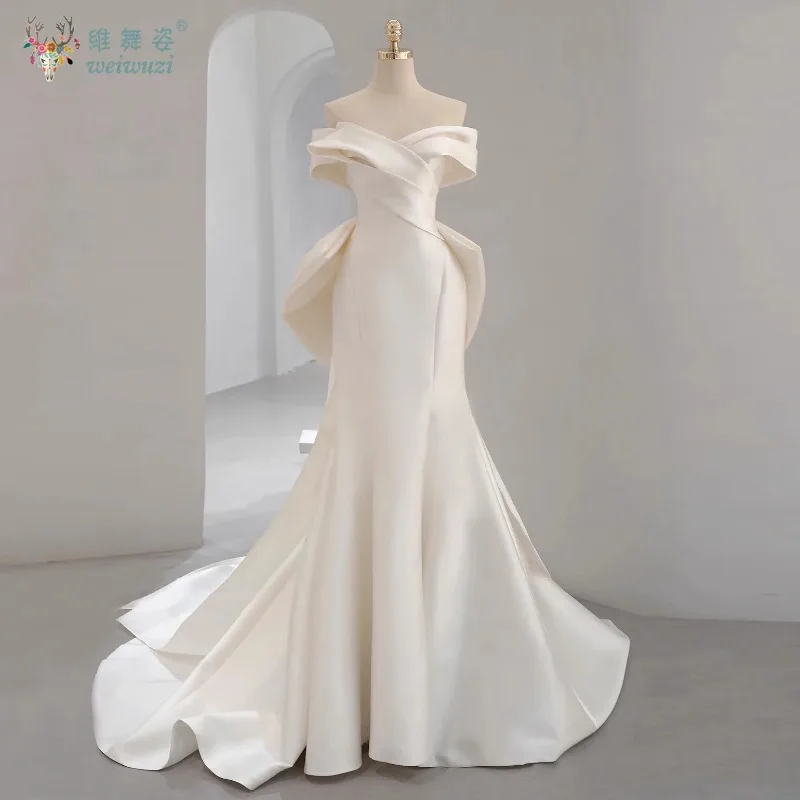 

French Style Satin Simple One Neck Off The Shoulder Bridal Wedding Dress Slim Fit Mermaid Bridal High-end Engagement Dress