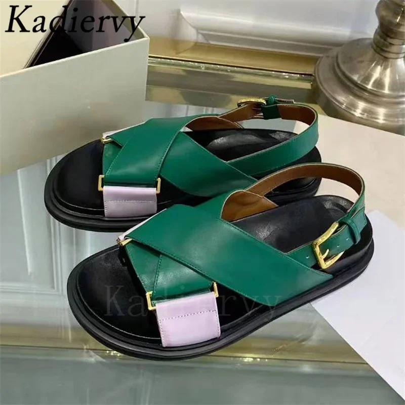 Casual Flat Sandals Woman Genuine Leather Cross Strap Holiday Beach Shoes Lady Peep Toe Thick Sole Roman Sandals Women Sandalias