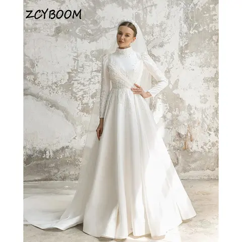 Customized White High-Neck Sequin Beaded Evening Dresses 2026  A-Line Full Sleeves Floor Length Sweep Train Zipper Formal Gowns