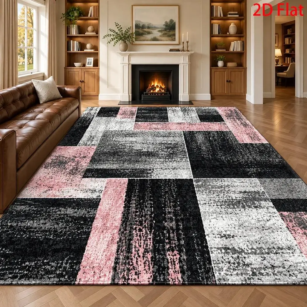 2D flat velvet rug, modern abstract geometric pattern, black, pink, and gray textured rectangular rug, durable, soft, easy to clean, machine washable, reusable decorative rug, perfect for living rooms, Christmas/Thanksgiving/Halloween/holiday decorations,