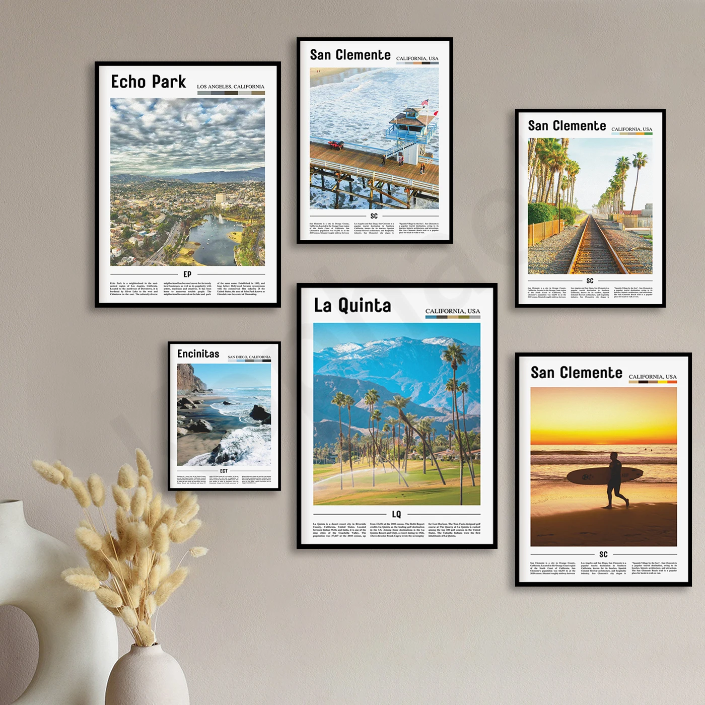 La Quinta. Encinitas. San Clemente. Echo Park. City Travel Landscape. Home Wall Decor Art Poster